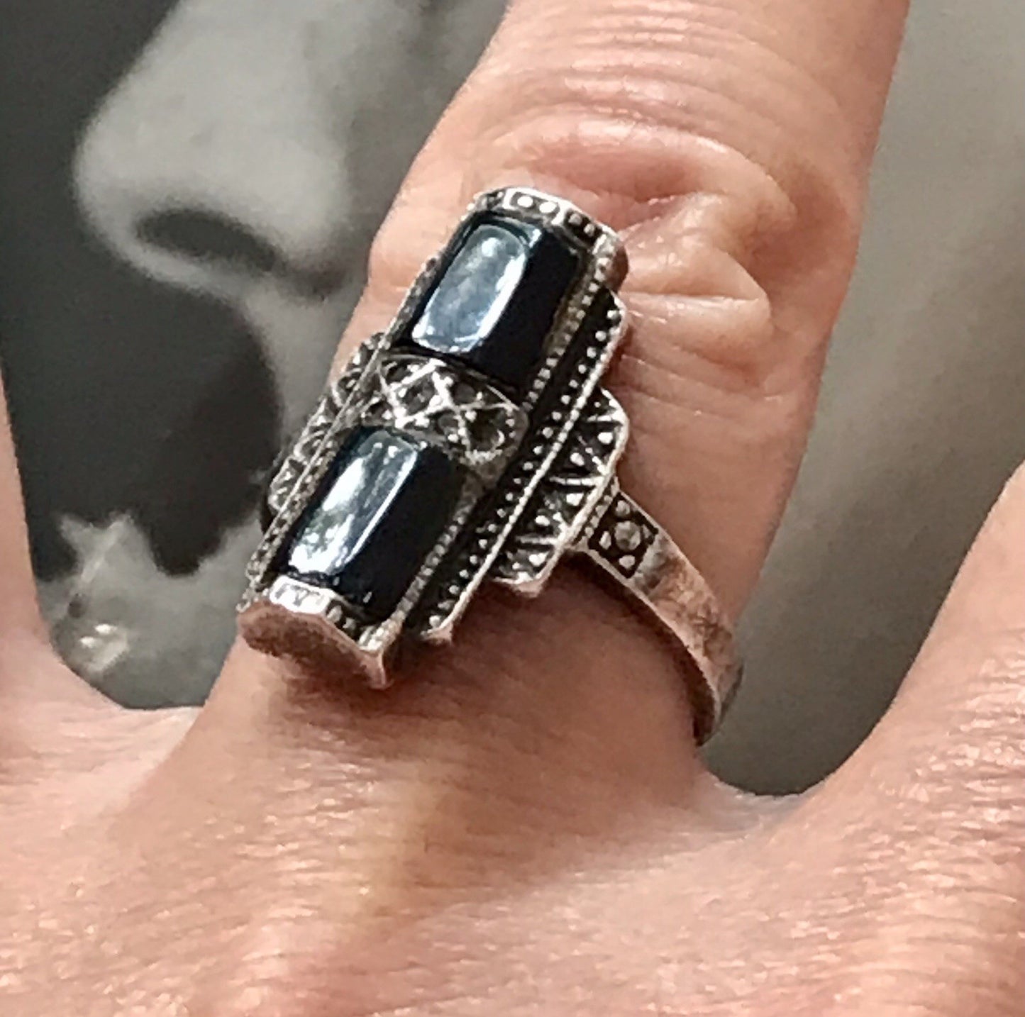 Antik Art Déco Damen Schiffchen Ring Onyx 925 Silber Gr.56 Markasite 18,1