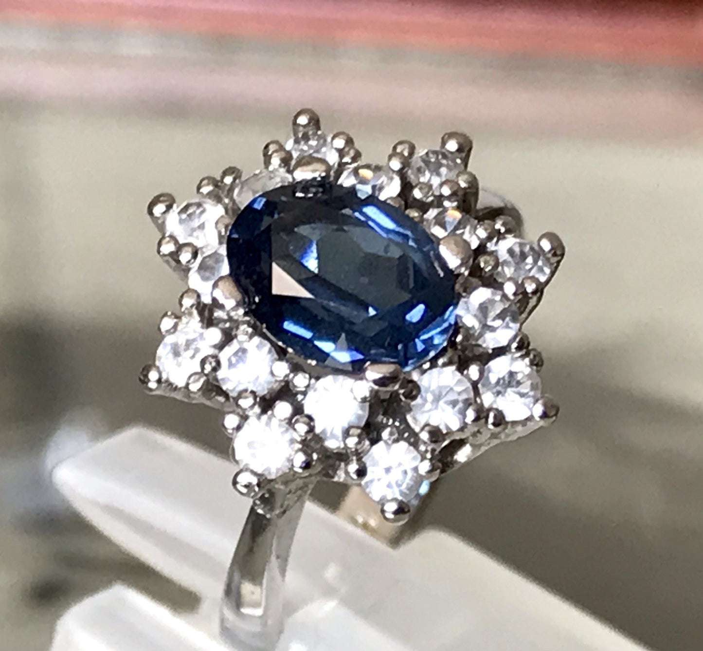 Vintage Entourage Halo Ring farblose Steine & Saphir Silber 925 ~Gr.52