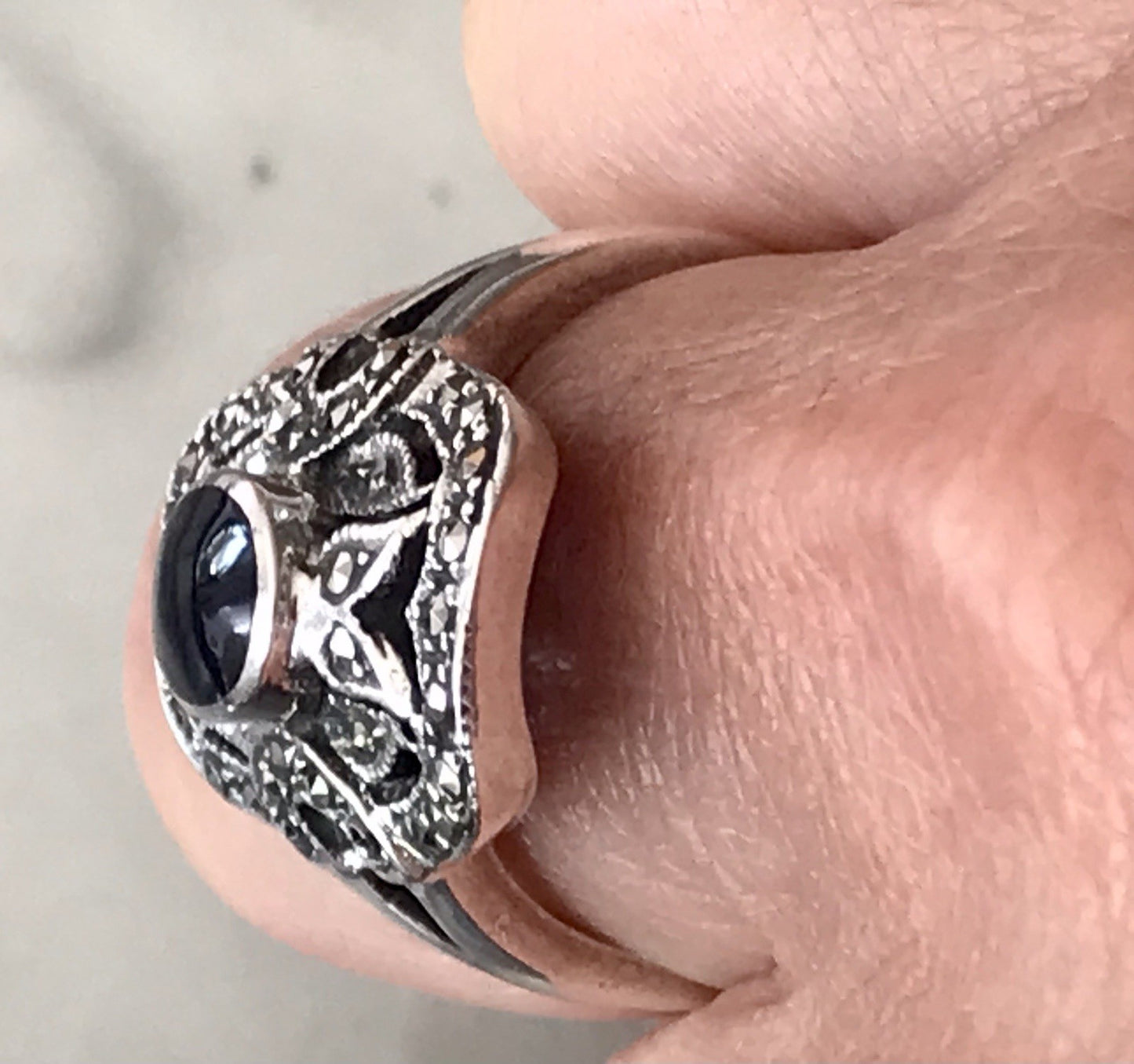 Antik Art Déco Damen Schiffchen Ring 925 Silber Gr.60 Onyx Markasite