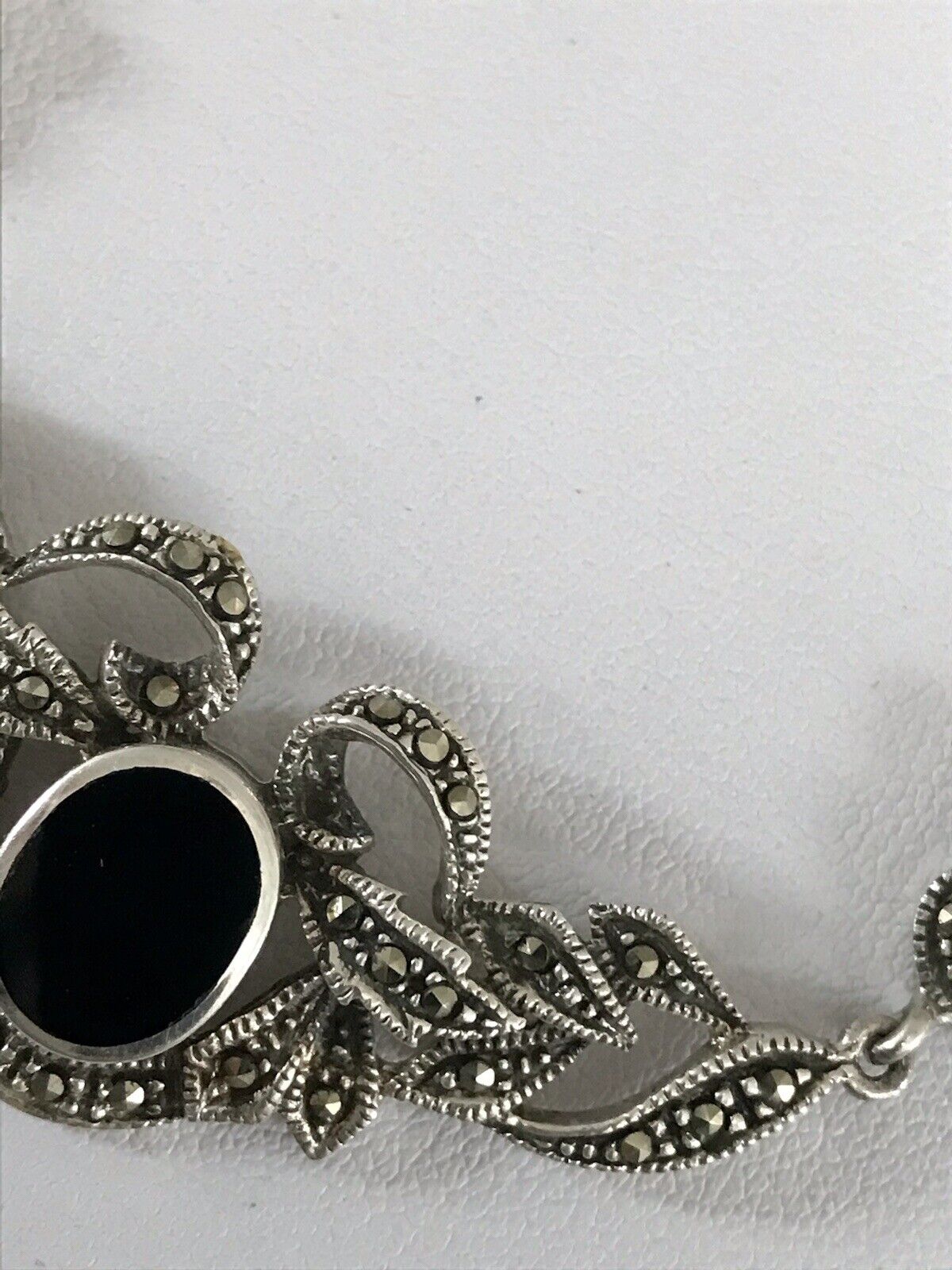 Antik Edel Jugendstil Art Déco 925 Silber Collier Halskette mit Onyx & Markasite