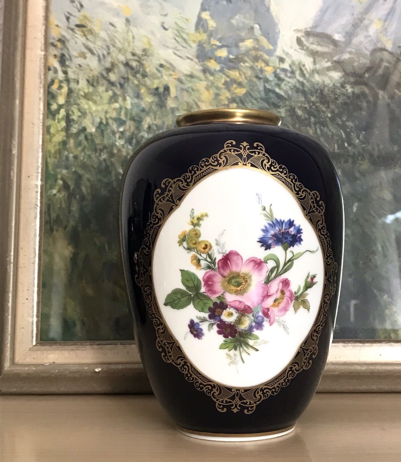 Vintage Alt 1 Porzellan Prunkvase Vase Echt Kobalt blau bunt Weimarer Porzellan