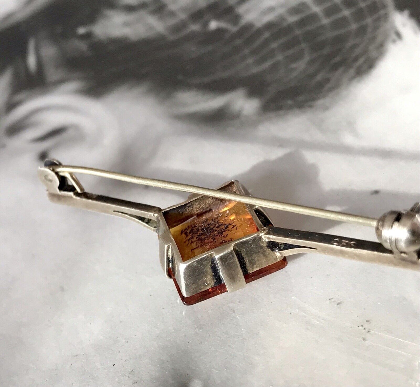Antik Art Déco Edel Stabbrosche Silber 925 Bernstein vergoldet Brosche