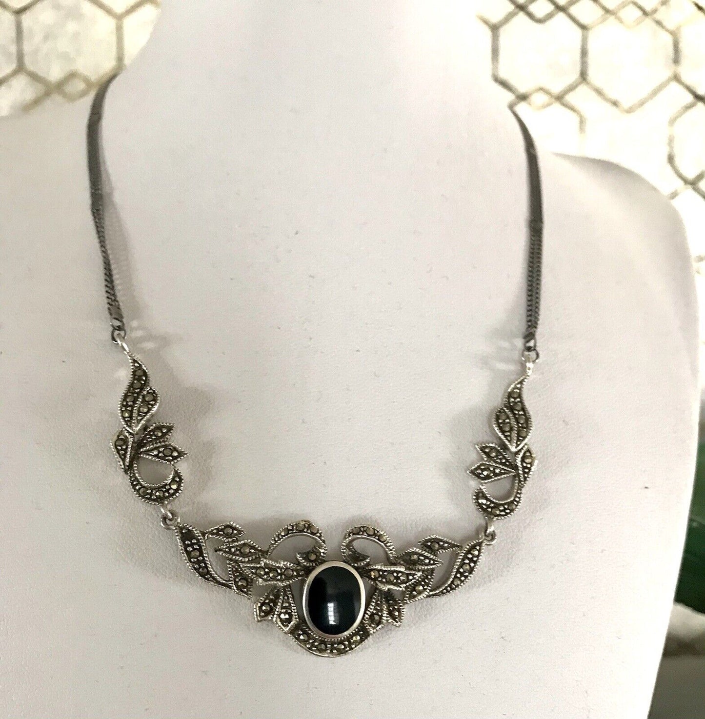 Antik Edel Jugendstil Art Déco 925 Silber Collier Halskette mit Onyx & Markasite