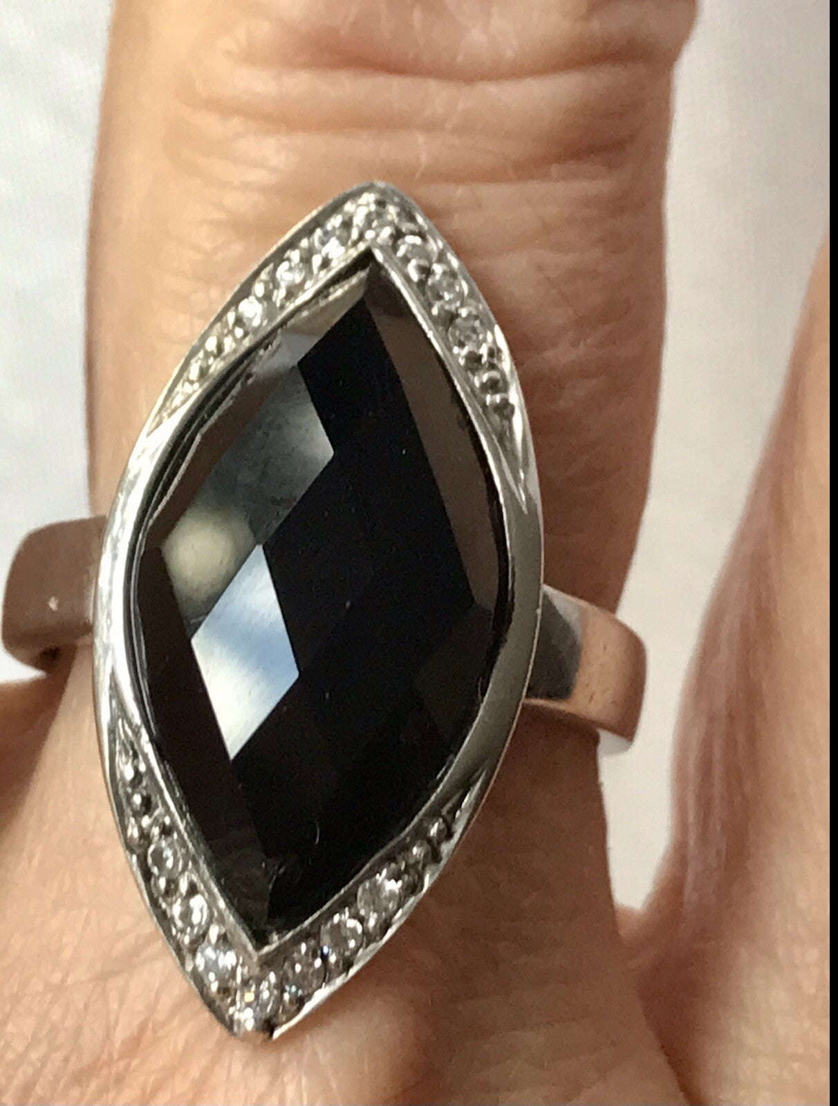 Vintage Onyx? & farblose Steine DAMEN RING Silber 925 Gr.57 58 Schiffchen