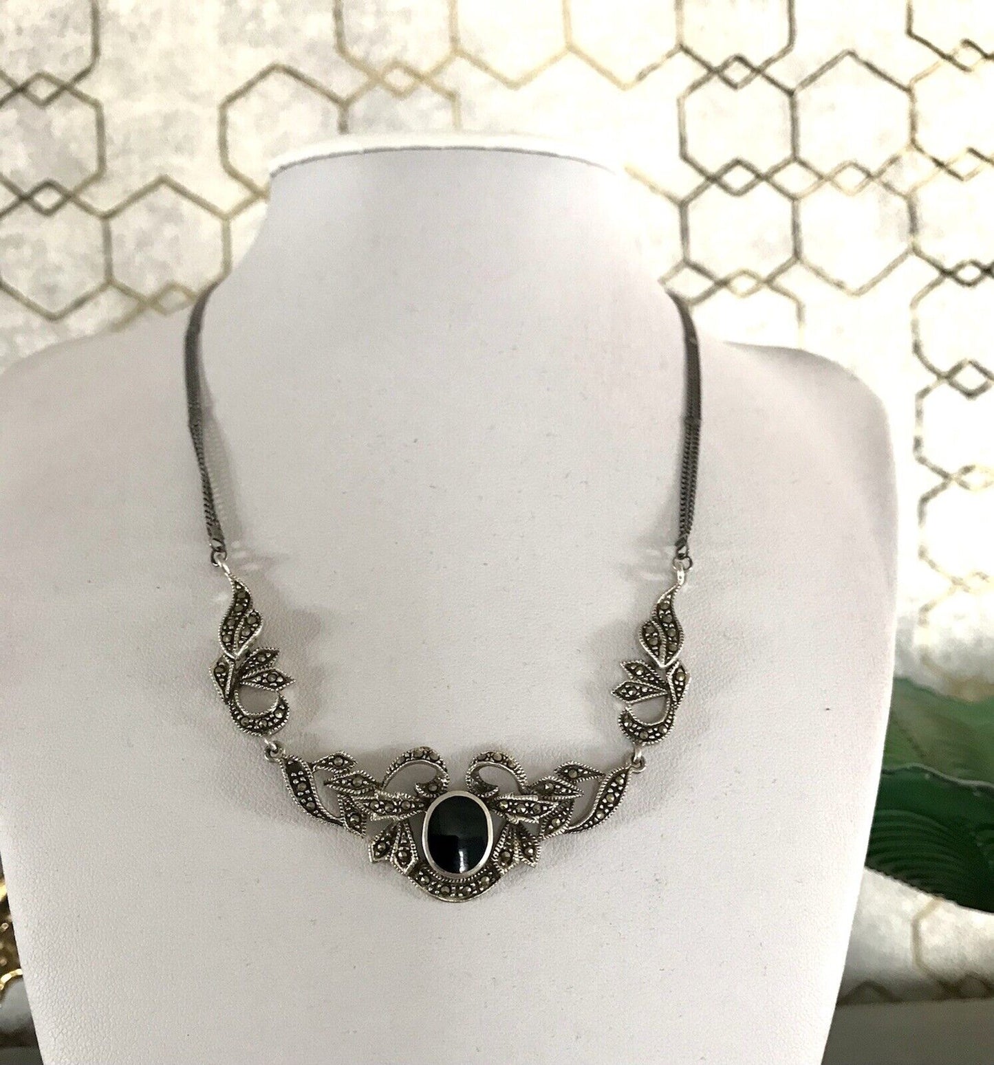Antik Edel Jugendstil Art Déco 925 Silber Collier Halskette mit Onyx & Markasite