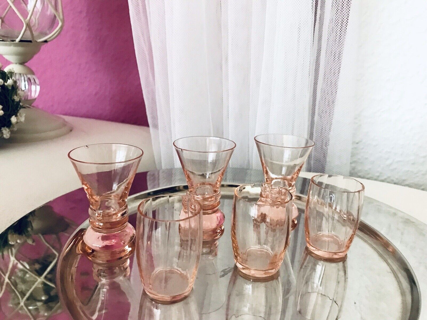 Antik ~1900 -20 6x Schnapsgläser Likör Gläser Pinchen optisch gerippt Glas rosa