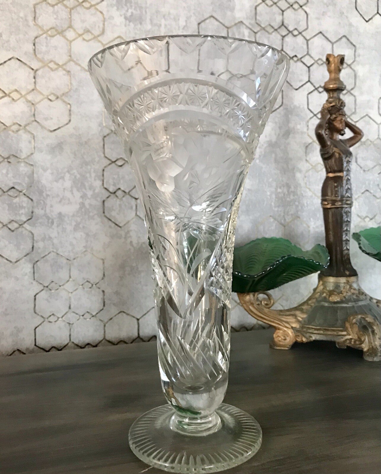 Antik Vase Glasvase Kristallglas geschliffen Art Déco Trichtervase Pokalvase