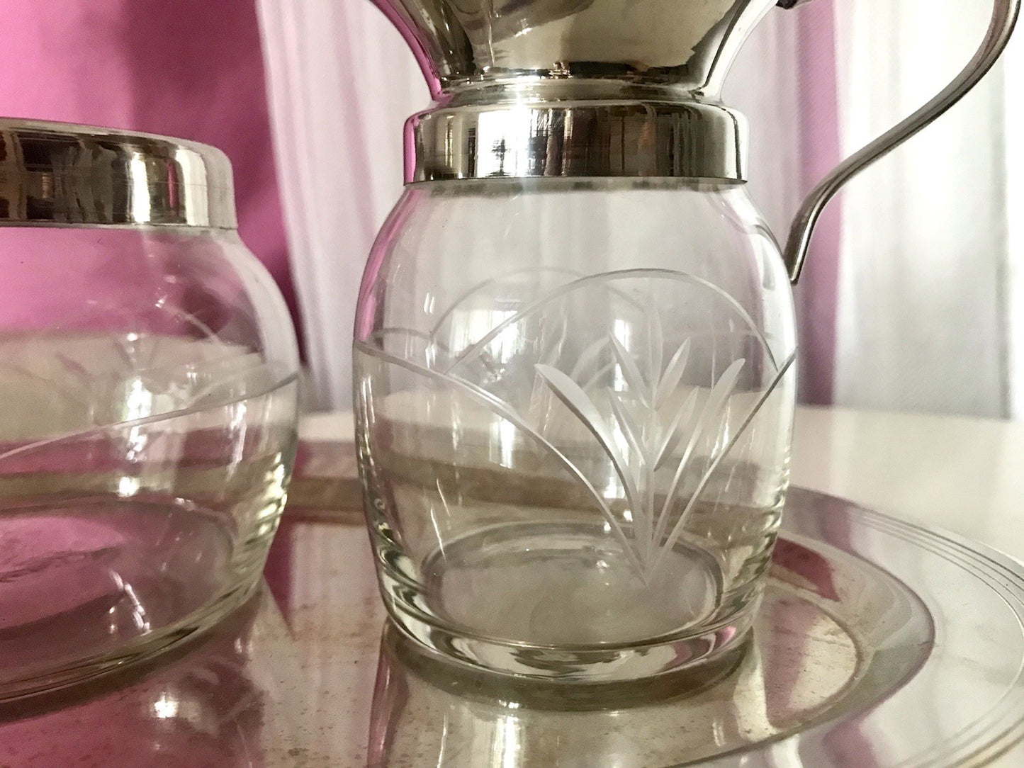 Antik Jugendstil 3 Teile Milch& Zucker Tablett Metallmontur & Glas geschliffen