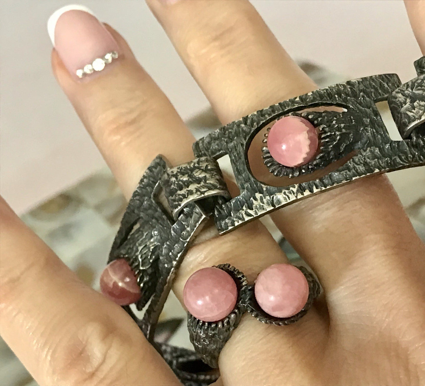 Vintage Schmuck Set 60er Designer Armband Ring Modernist 925 Silber Rosenquarz