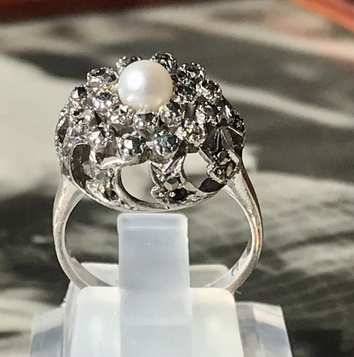 Antik Edel DAMEN Entourage RING Silber 835 Perle Markasite Gr.52