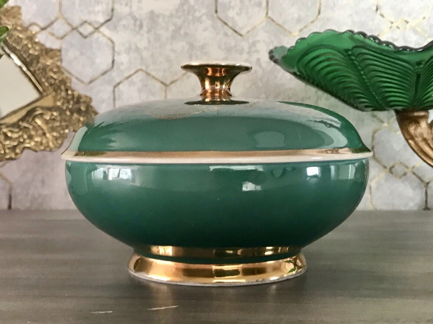 Spätes Art Vintage 50er Porzellan Dose Deckeldose Bonboniere grün gold Seltmann