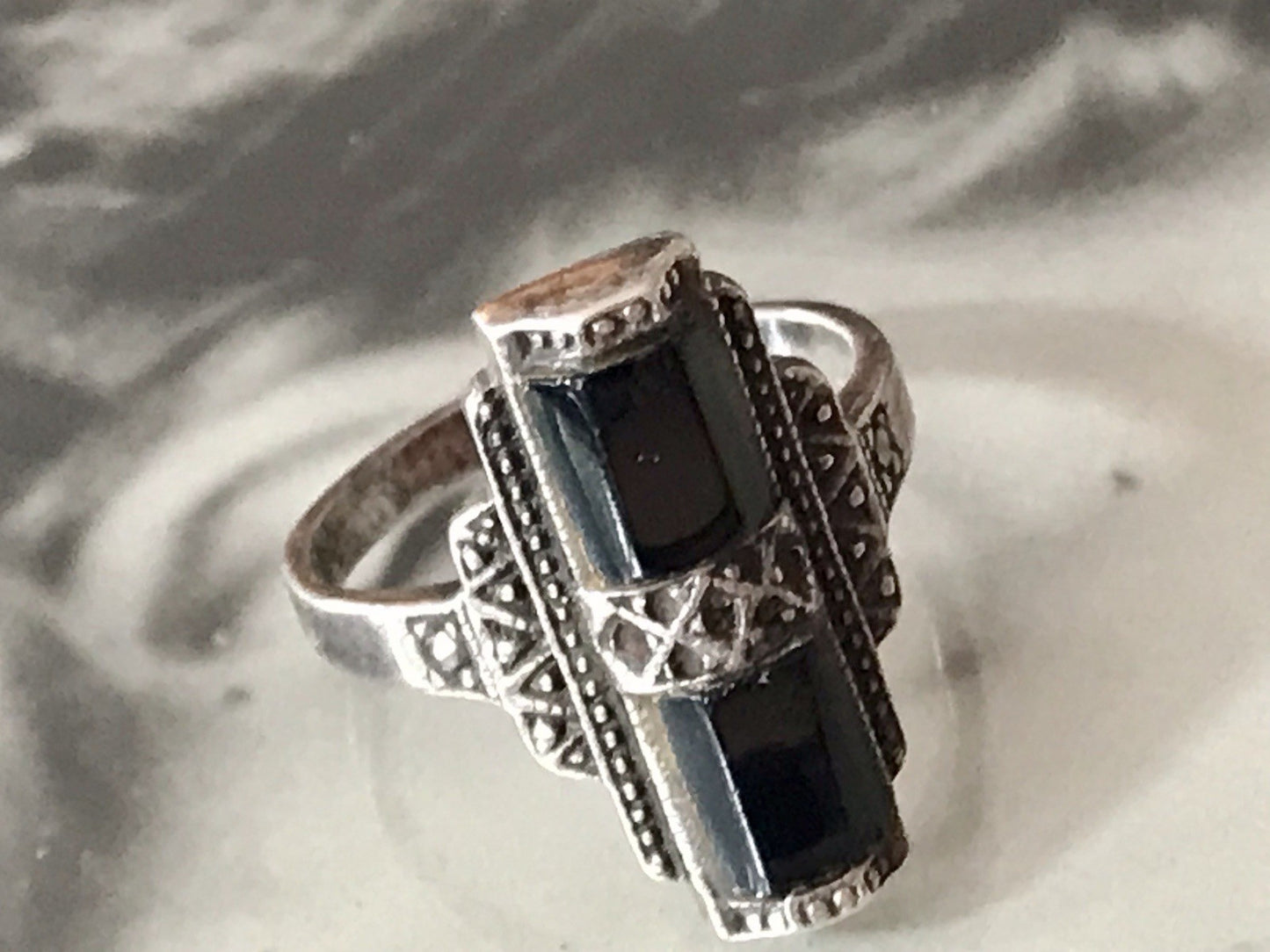Antik Art Déco Damen Schiffchen Ring Onyx 925 Silber Gr.56 Markasite 18,1