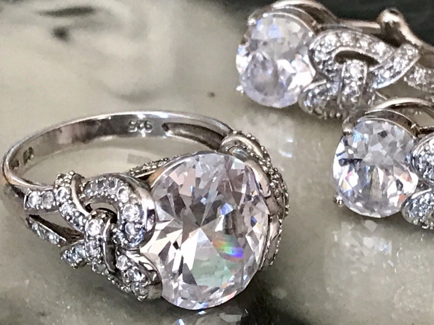 Edel Schmuck Set DAMEN RING & Ohrringe Silber 925 Gr.63 Steine Cubic Zirkonia
