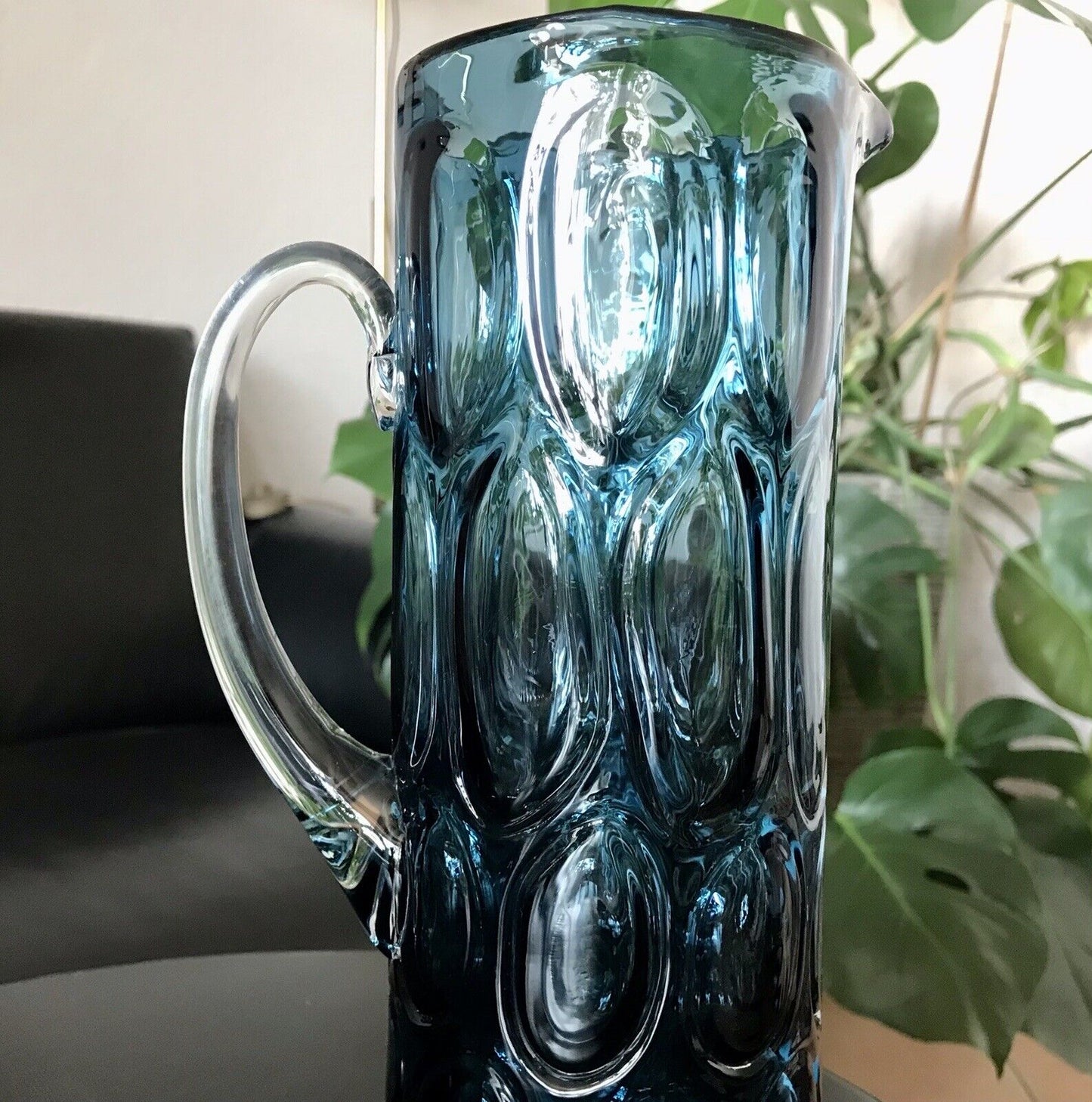 Vintage Designer 60er Krug Kanne Karaffe Space Age Glas Bubble Struktur blau
