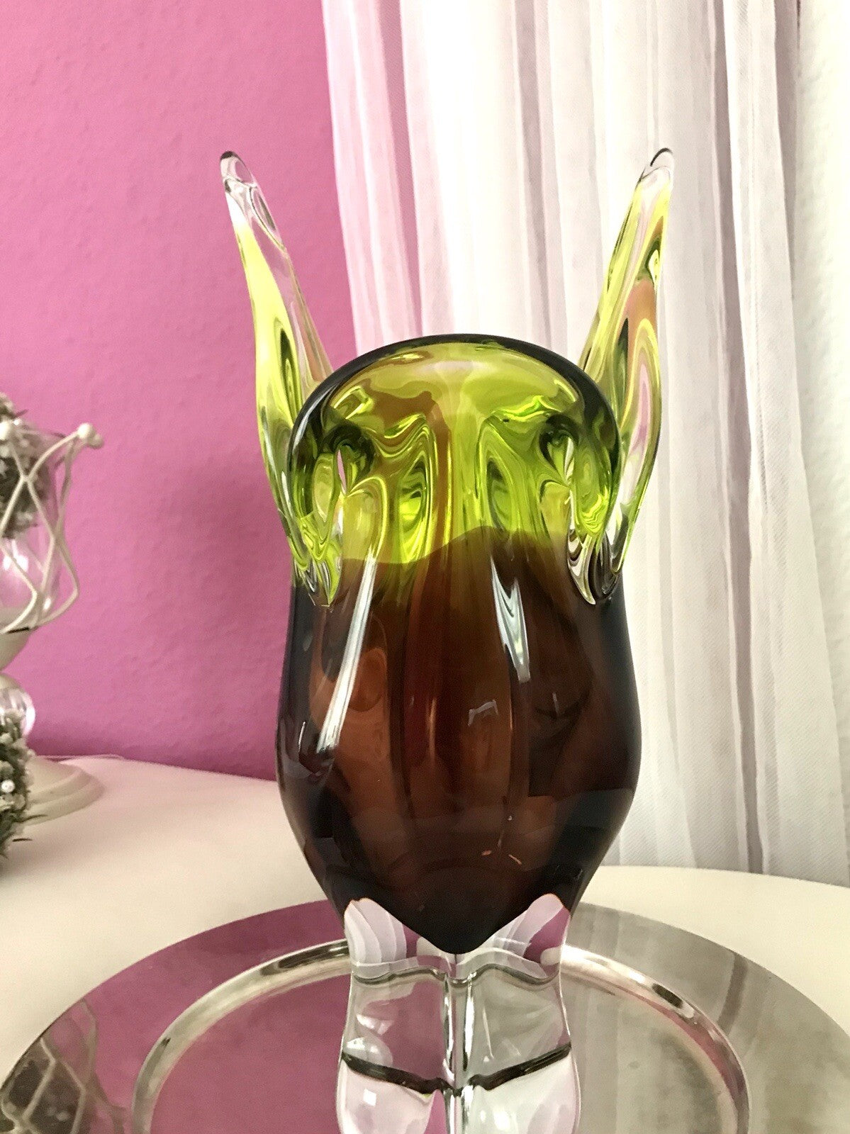 Vintage große Glasvase Vase Chribska 60er Jahre Glas Hospodka grün aubergine