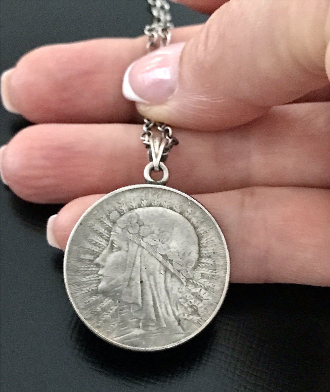 Antik Halskette Münze Jadwiga Polen 1933 Anhänger Kettenanhänger Silber 835