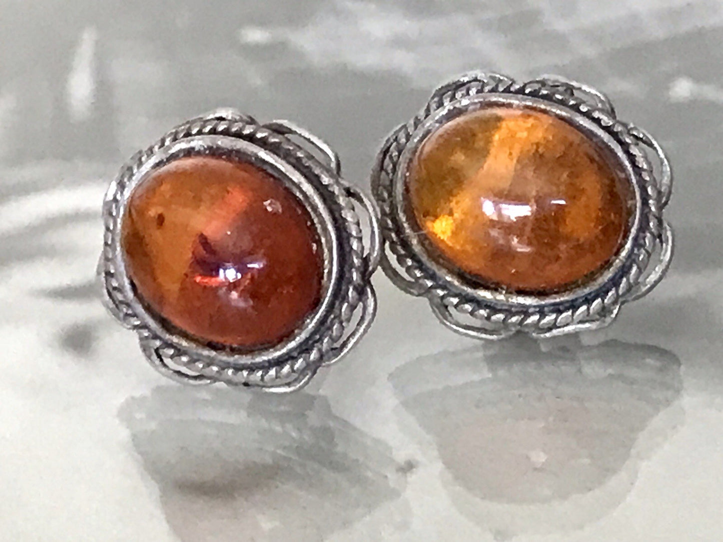 Vintage Ohrringe Ohrstecker DAMEN 925 Silber Bernstein Echtsilber Sterligsilber