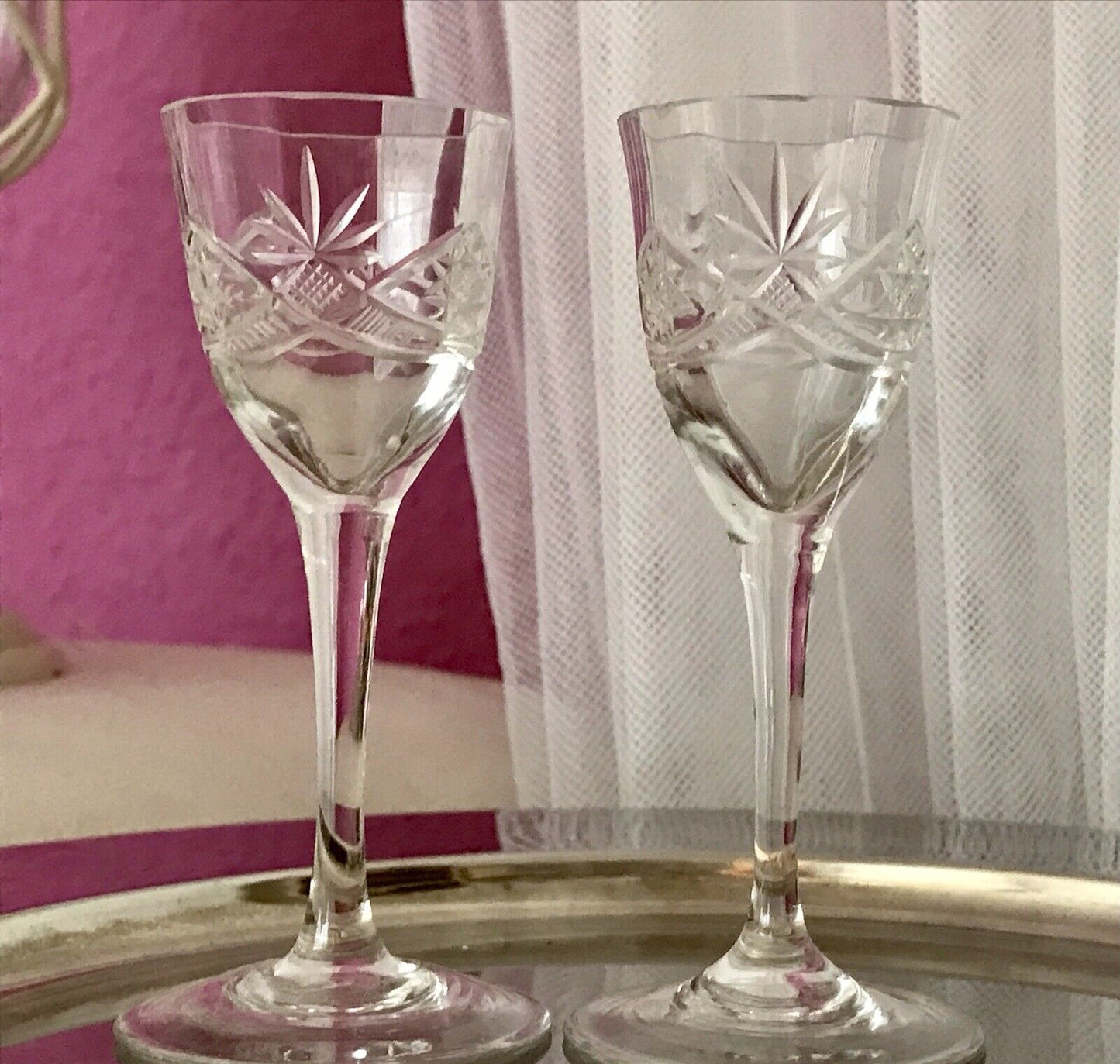 Antik 2 hochstielige Jugendstil Art Déco Likörgläser Kristallglas Schliff EDEL