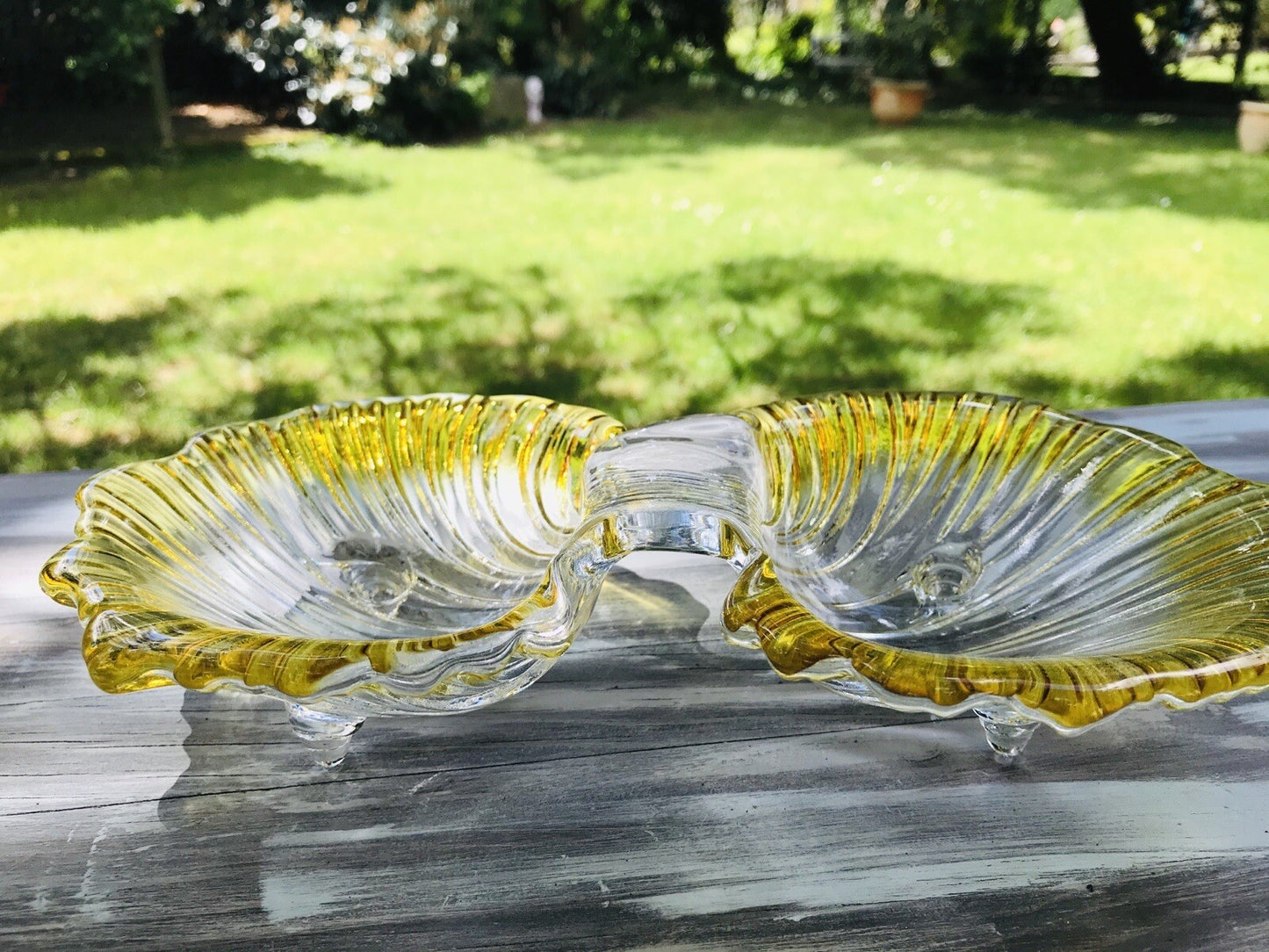 Vintage 70er Glas Schale Anbietschale Muschel Walther Glas Kultig gelb