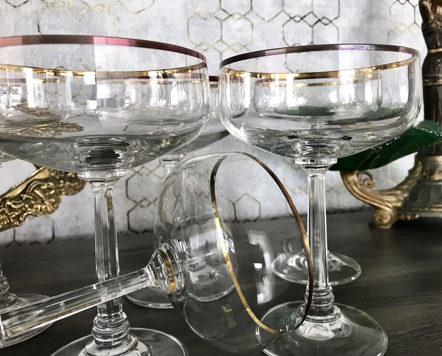 Antik? Art Déco Stil 6 Gläser Champagnerschalen Glas Goldrand Lausitzer? Crystal