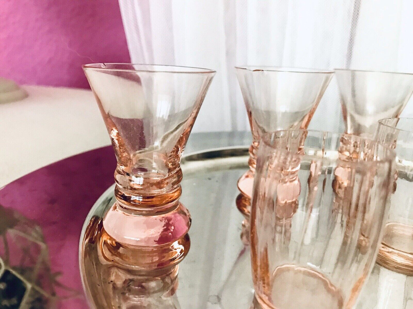 Antik ~1900 -20 6x Schnapsgläser Likör Gläser Pinchen optisch gerippt Glas rosa
