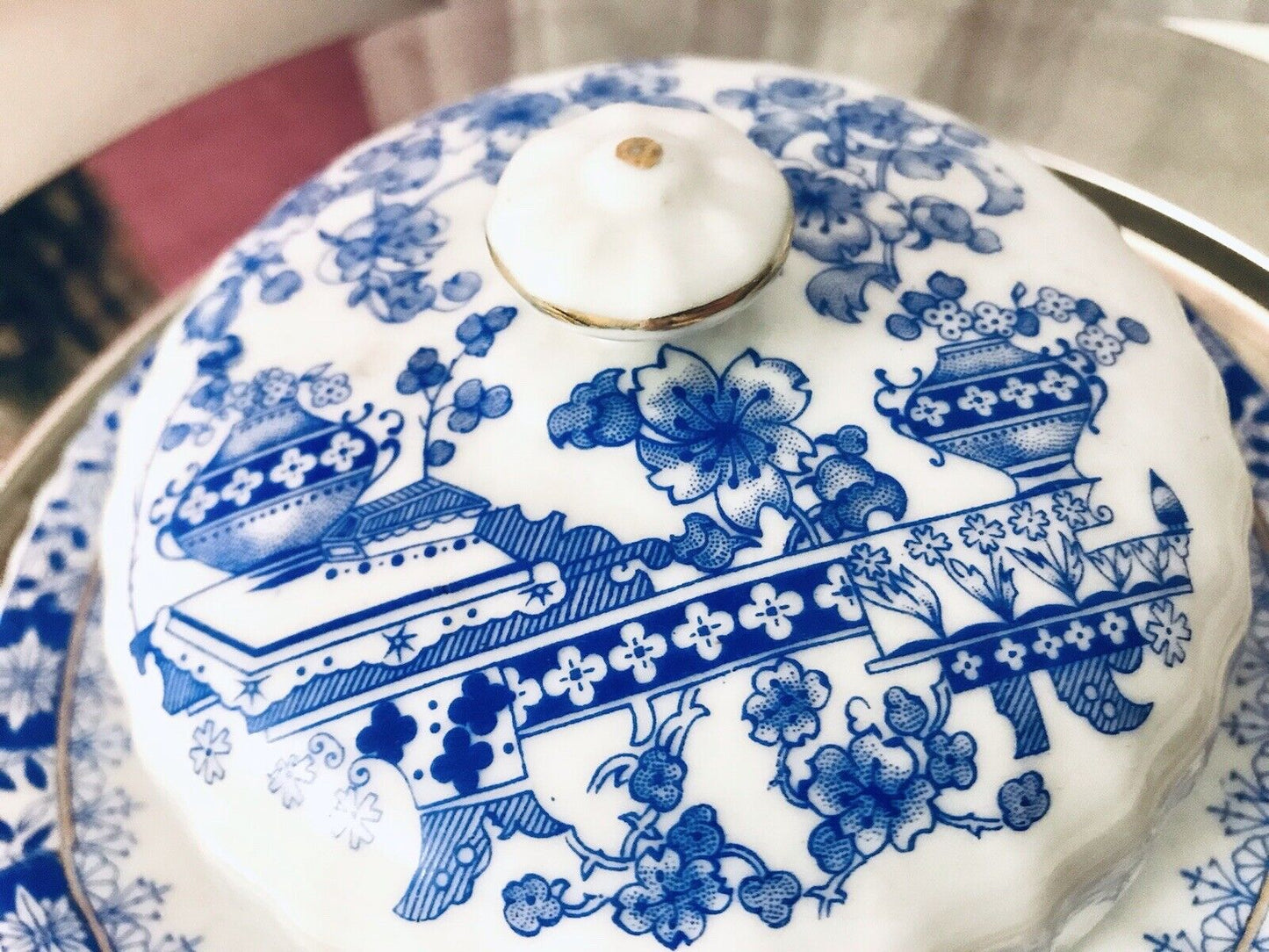 Antik Art Déco Porzellan Butterdose Dose China Blau