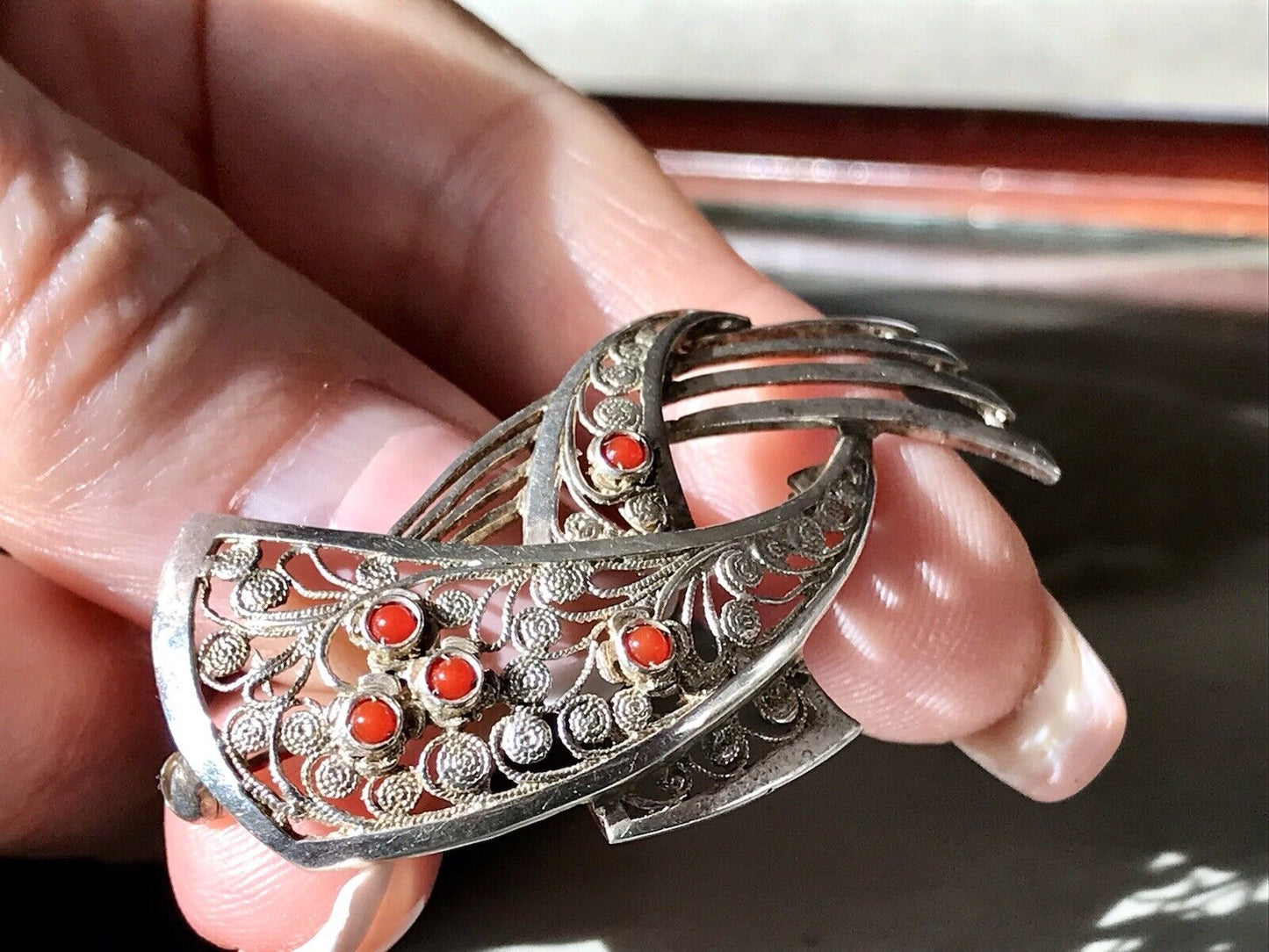Antik Art Déco Edel prachtvoll filigran Brosche Silber 835 H Koralle