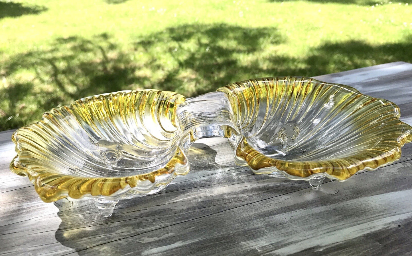 Vintage 70er Glas Schale Anbietschale Muschel Walther Glas Kultig gelb