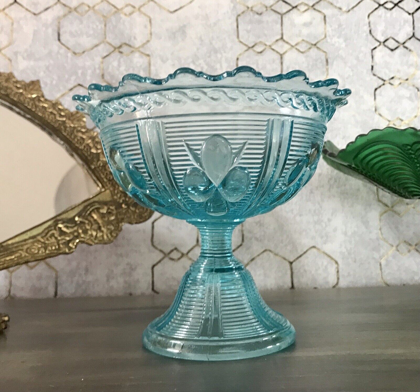 Antik Jugendstil Art Déco Pressglas Schale Fußschale Zuckerschale blau türkis