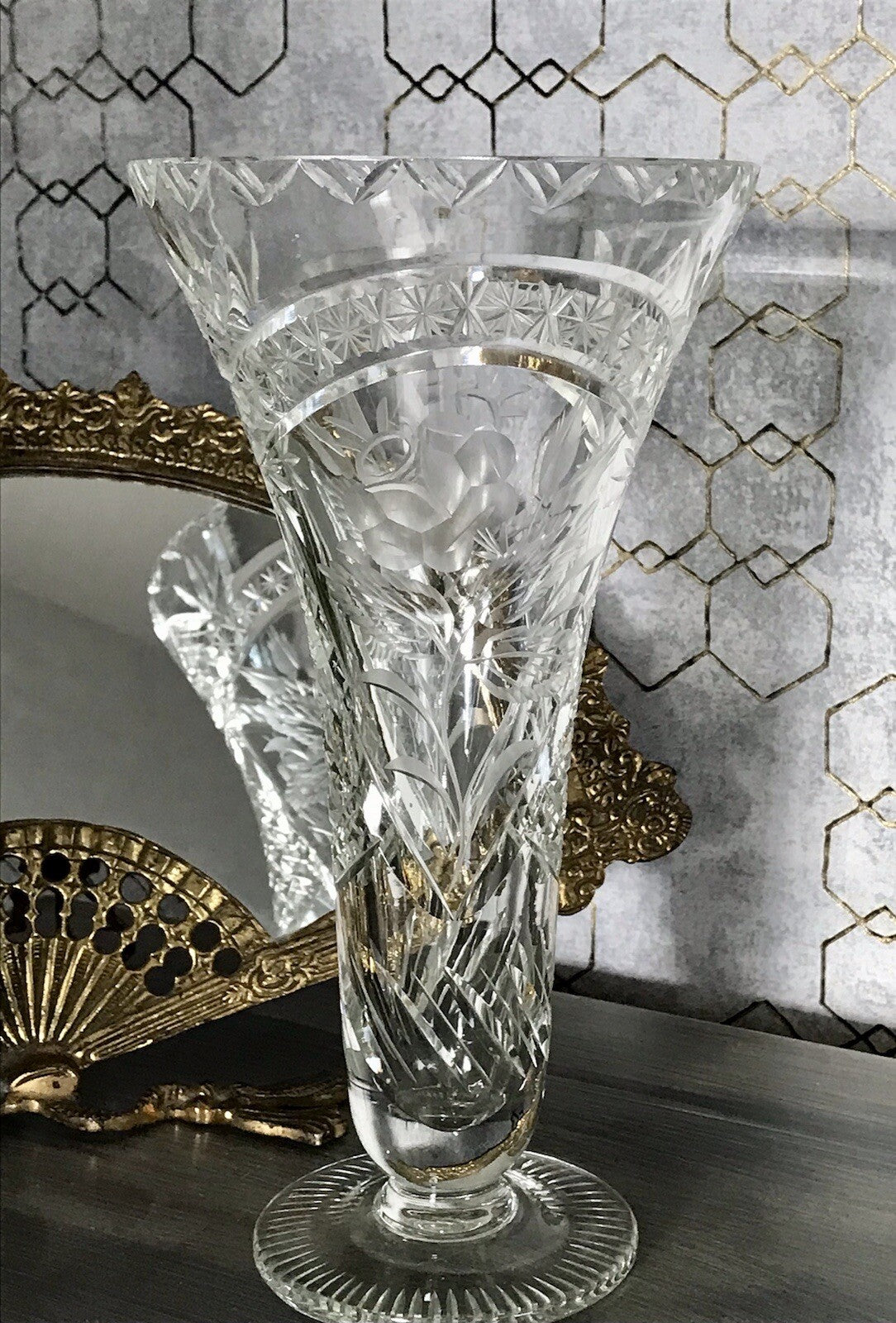 Antik Vase Glasvase Kristallglas geschliffen Art Déco Trichtervase Pokalvase