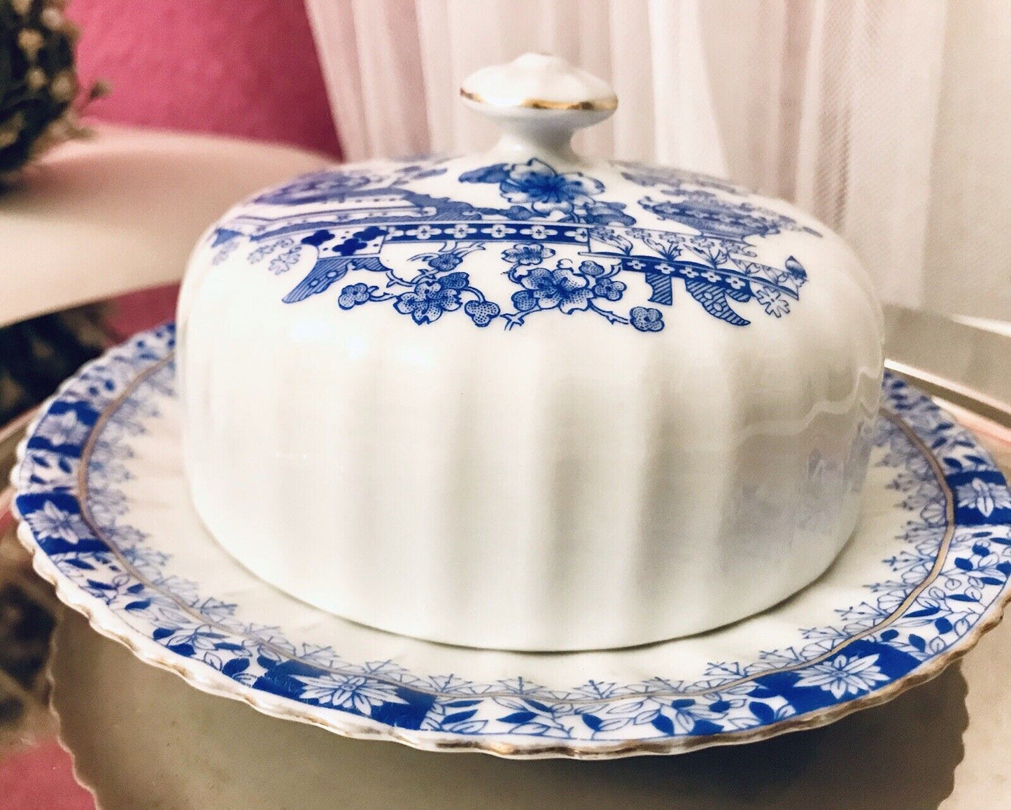Antik Art Déco Porzellan Butterdose Dose China Blau