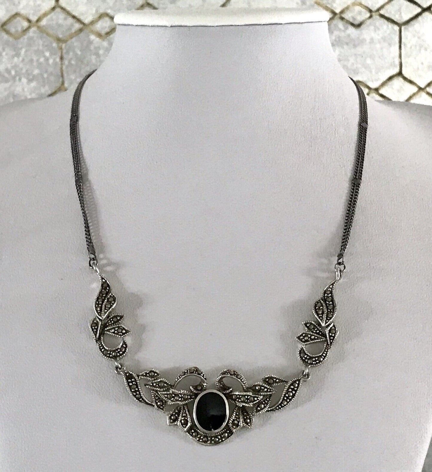 Antik Edel Jugendstil Art Déco 925 Silber Collier Halskette mit Onyx & Markasite