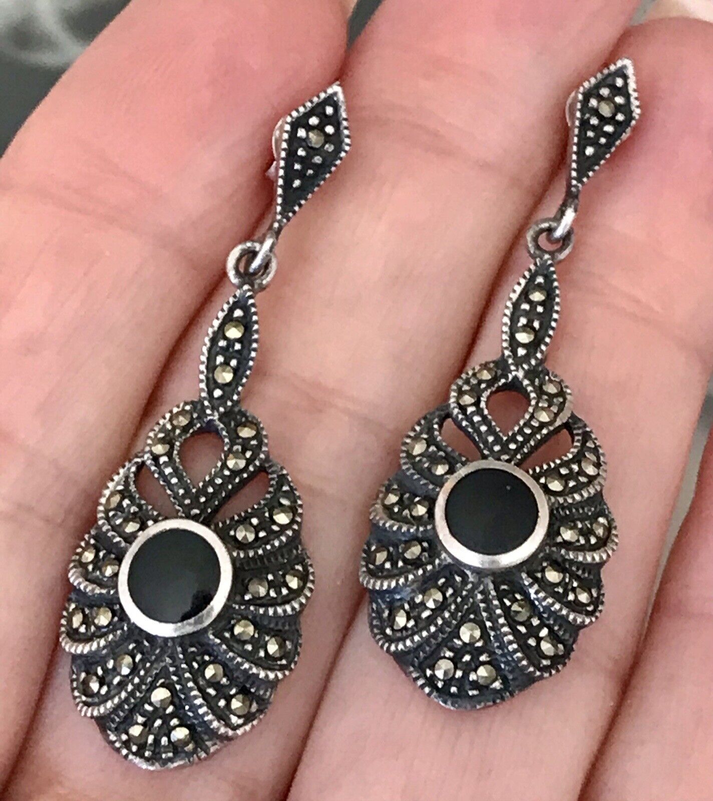 Antik Art Déco Wunderschön Ohrhänger Ohrringe DAMEN Silber 925 Onyx Markasite