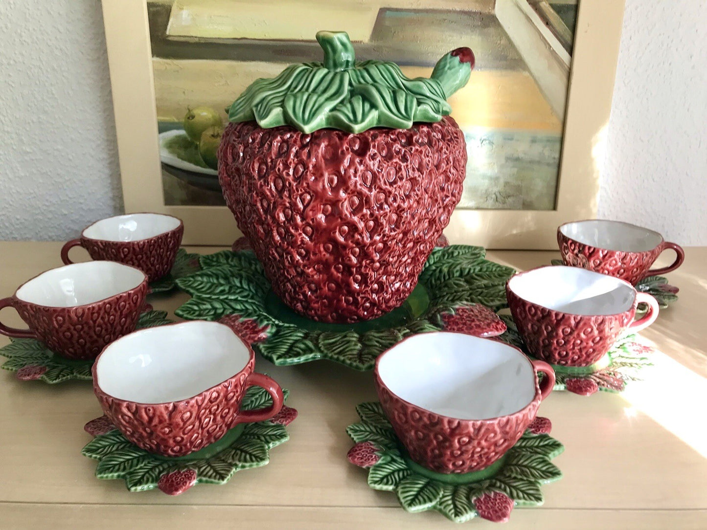 Vintage alt Majolika Keramik Bowle Set Topf 6 Tassen grün rot Erdbeere Pinhero