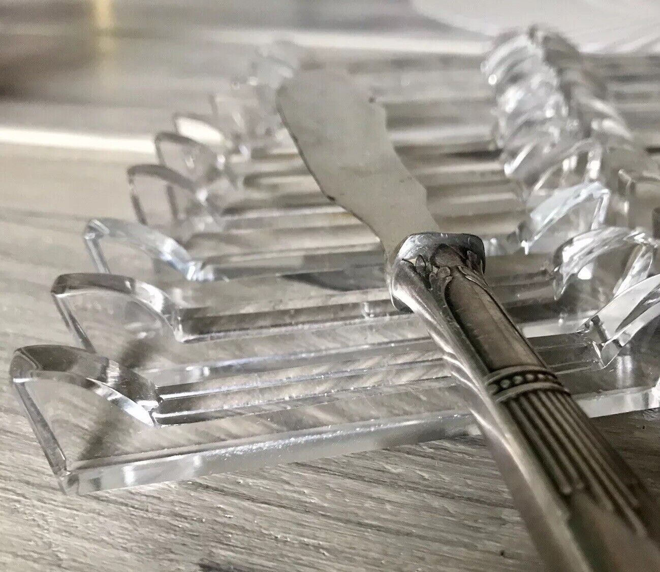 Alt Antik 8+1 französische Art Déco Messerbänkchen Kristallglas Glas
