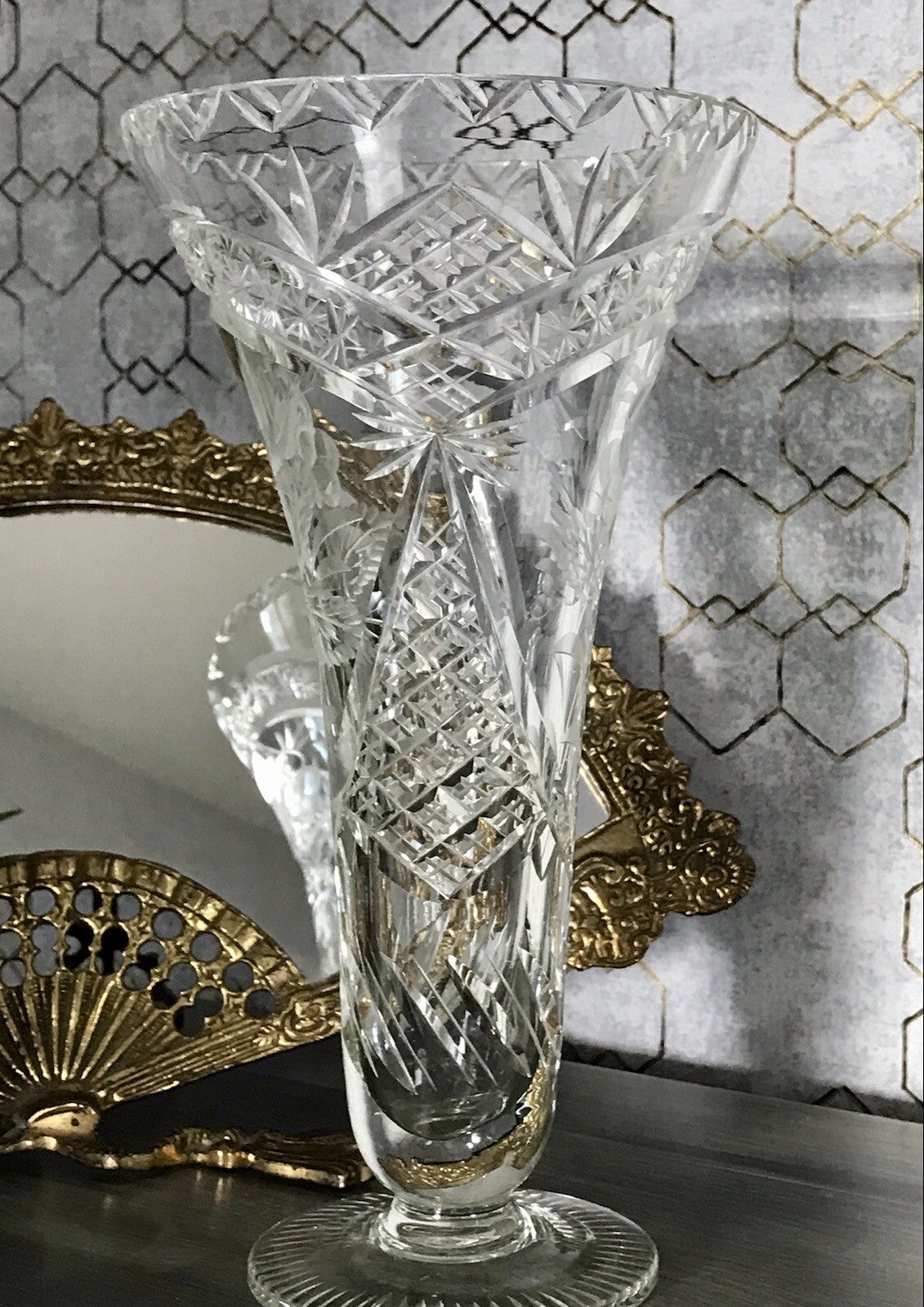 Antik Vase Glasvase Kristallglas geschliffen Art Déco Trichtervase Pokalvase