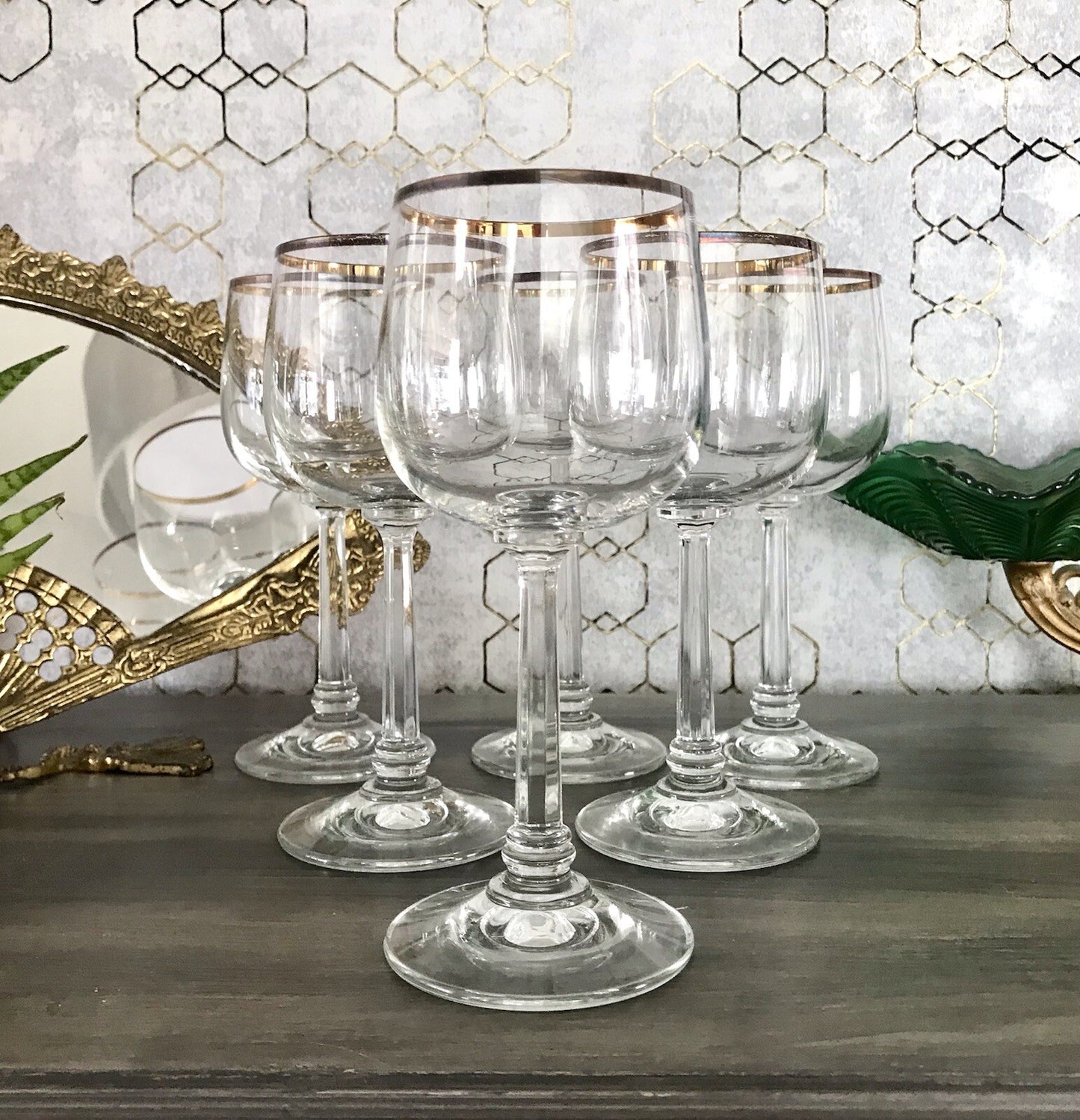 Art Déco Stil 6 Gläser Weingläser Rotweingläser Glas Goldrand Lausitzer