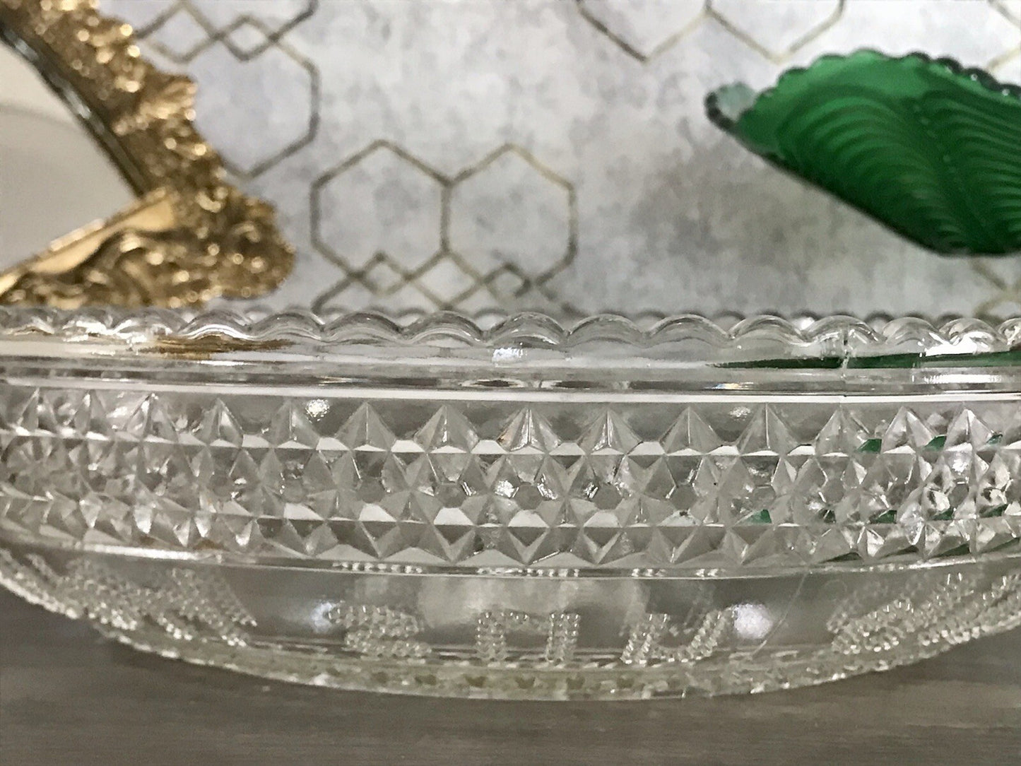 Art Déco Pressglas Schale Antik Brotschale Unser täglich Brot gib uns heute Glas
