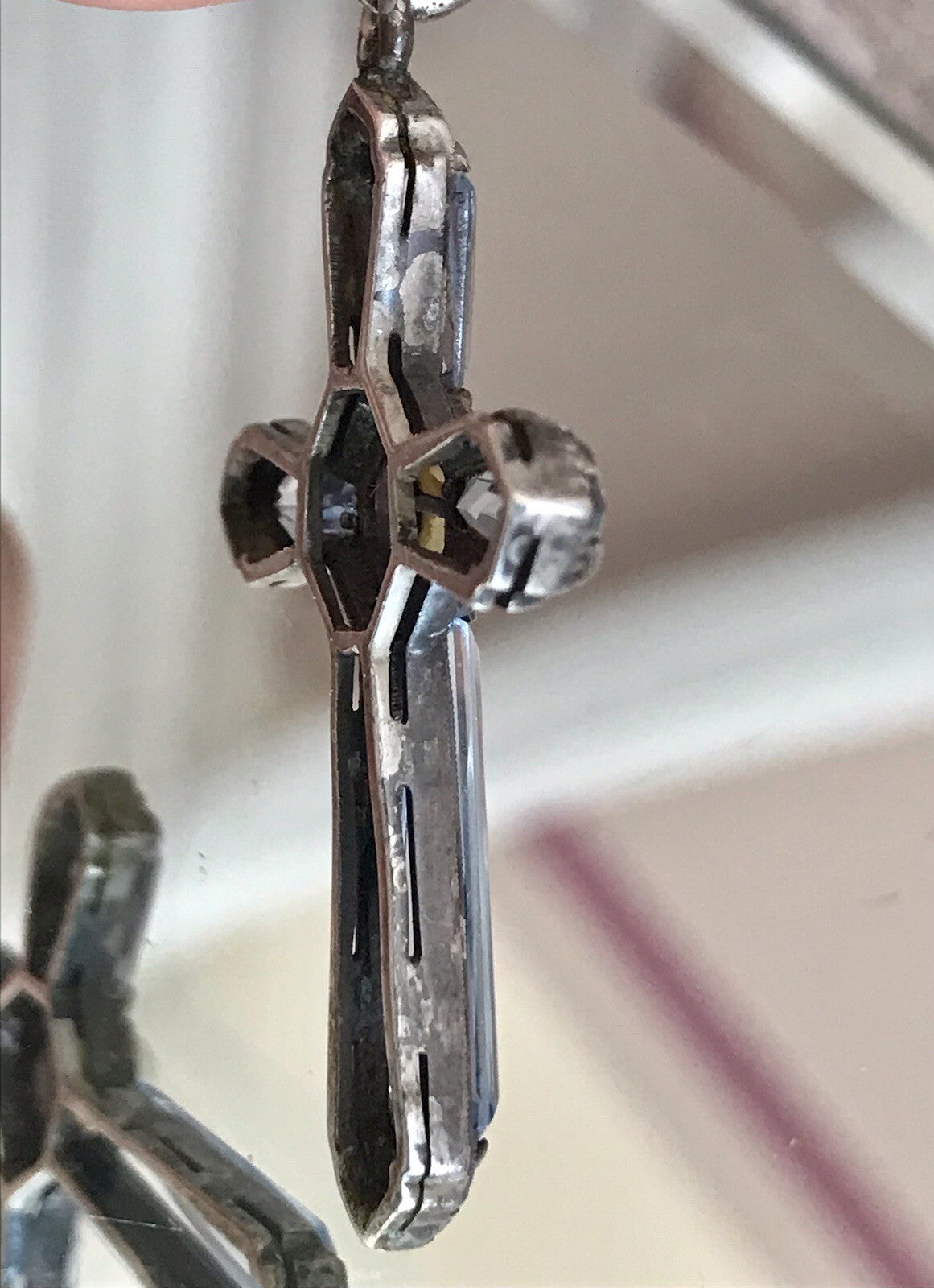 Antik Edel Art Déco Silber Kreuz Anhänger Kettenanhänger blaue Steine Aquamarin?