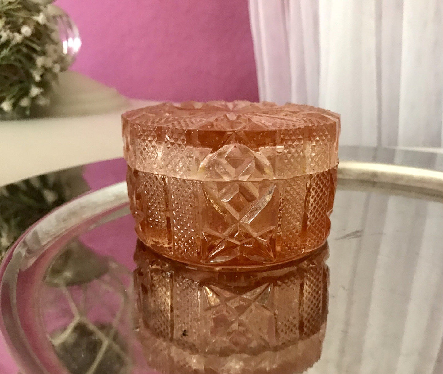 Antik Art Déco Dose Deckeldose Zierdose Pressglas Rosalin rosa Glas