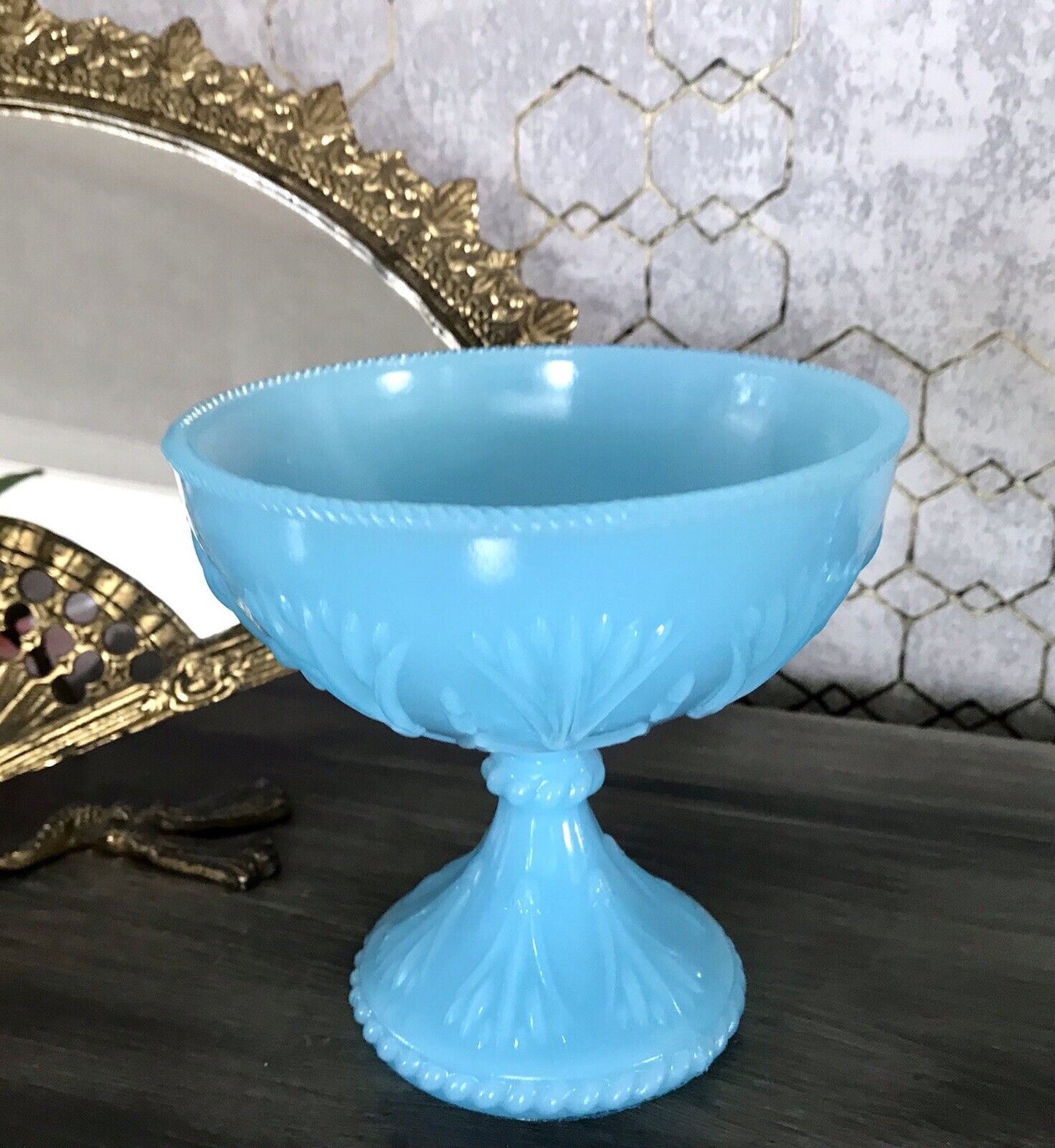 Antik Jugendstil Art Déco Pressglas Schale Fußschale Zuckerschale blau türkis