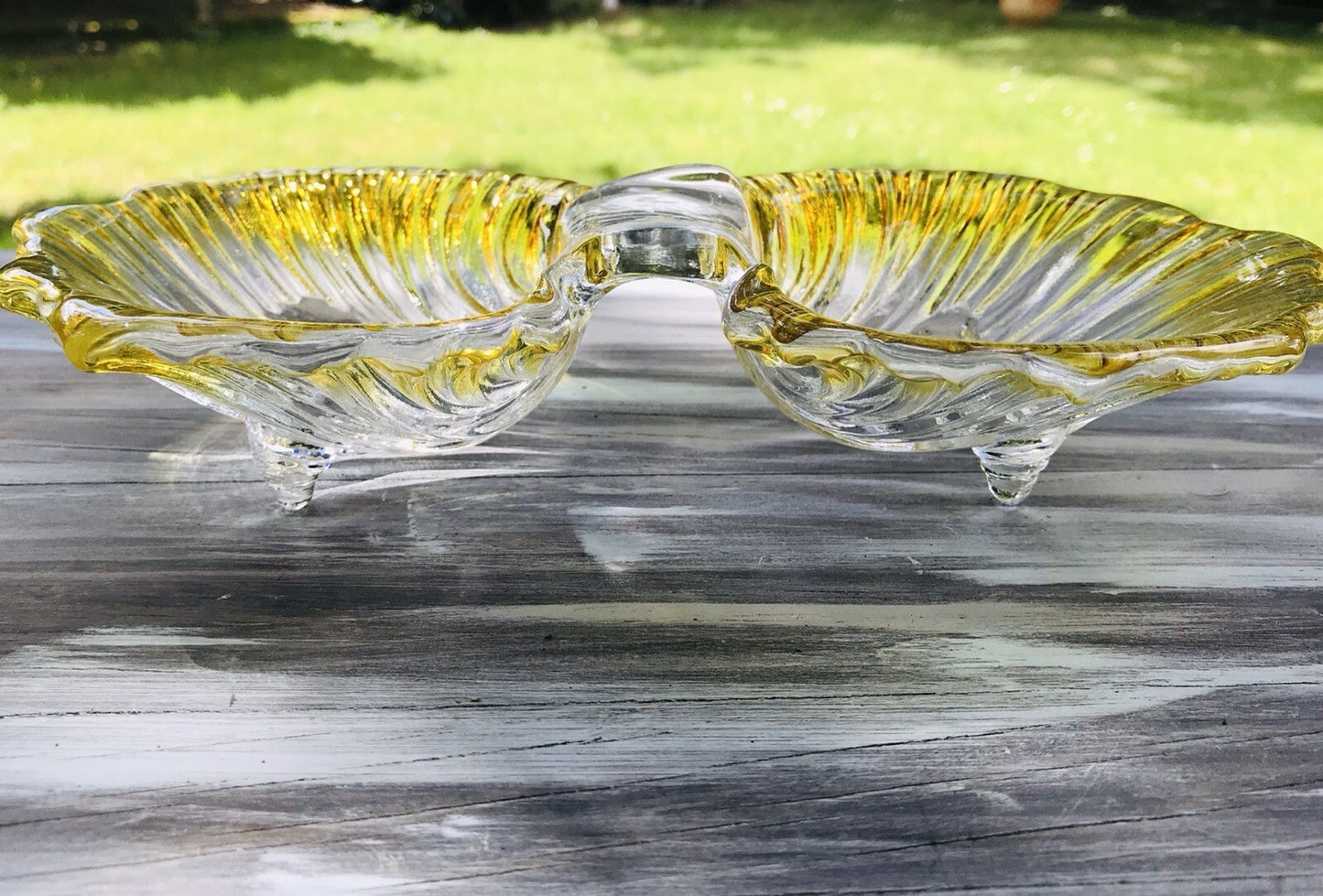 Vintage 70er Glas Schale Anbietschale Muschel Walther Glas Kultig gelb