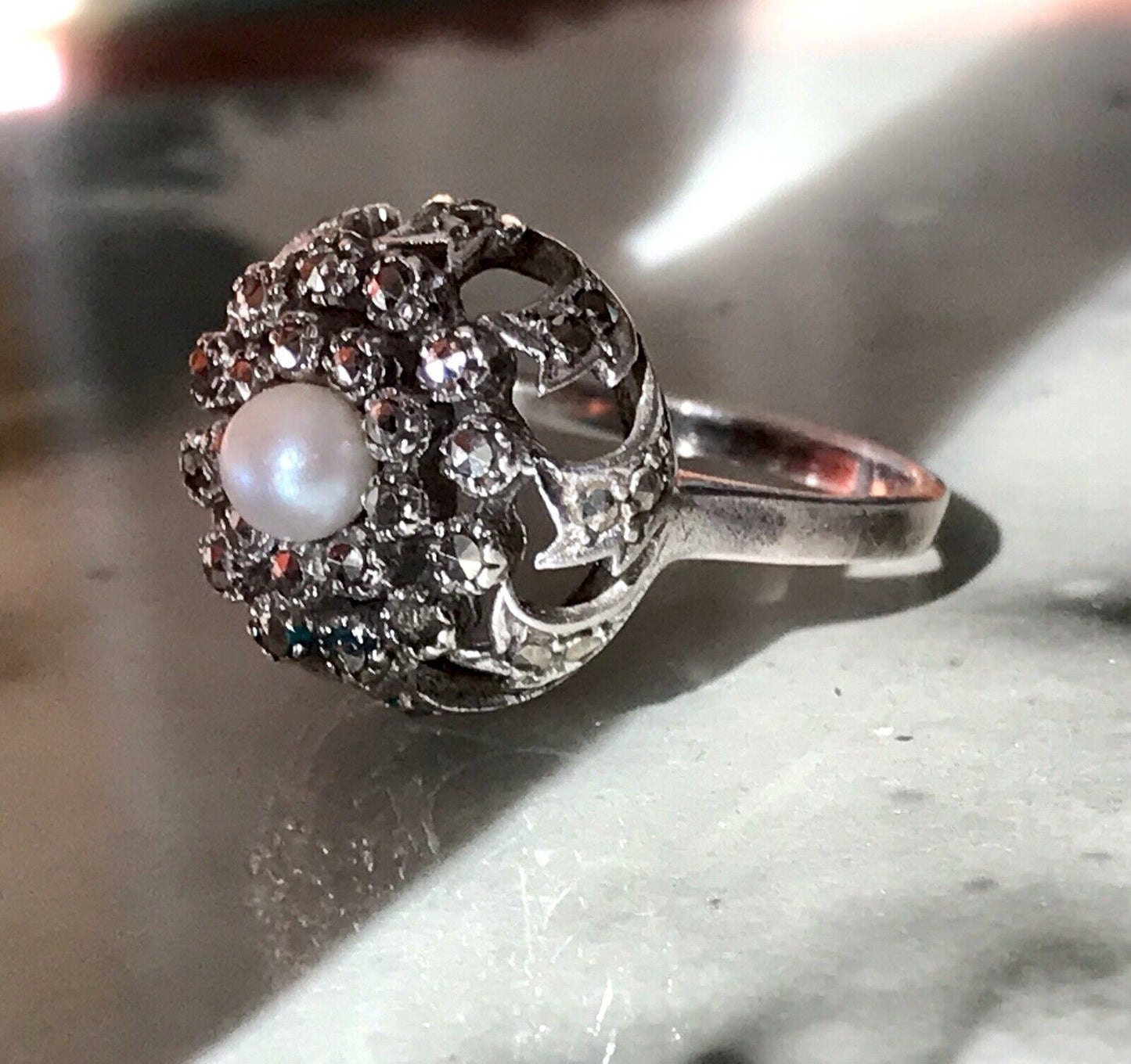 Antik Edel DAMEN Entourage RING Silber 835 Perle Markasite Gr.52
