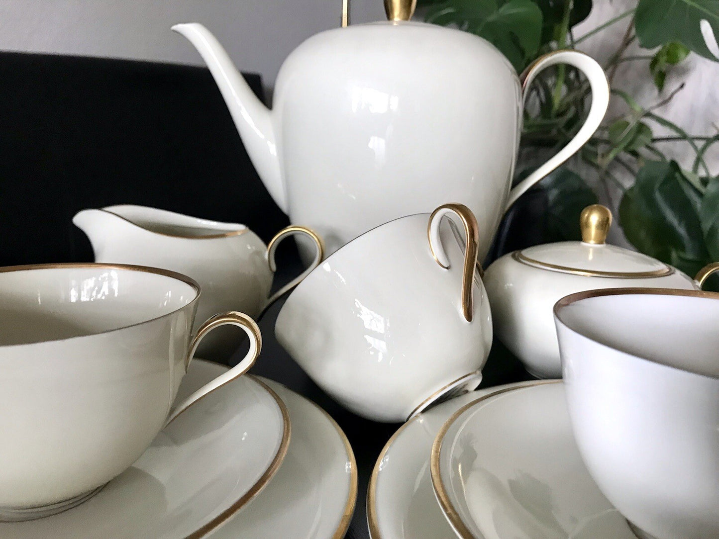 Vintage Art Déco elfenbein Porzellan Kaffeeservice Service 12 Pers. Edelstein