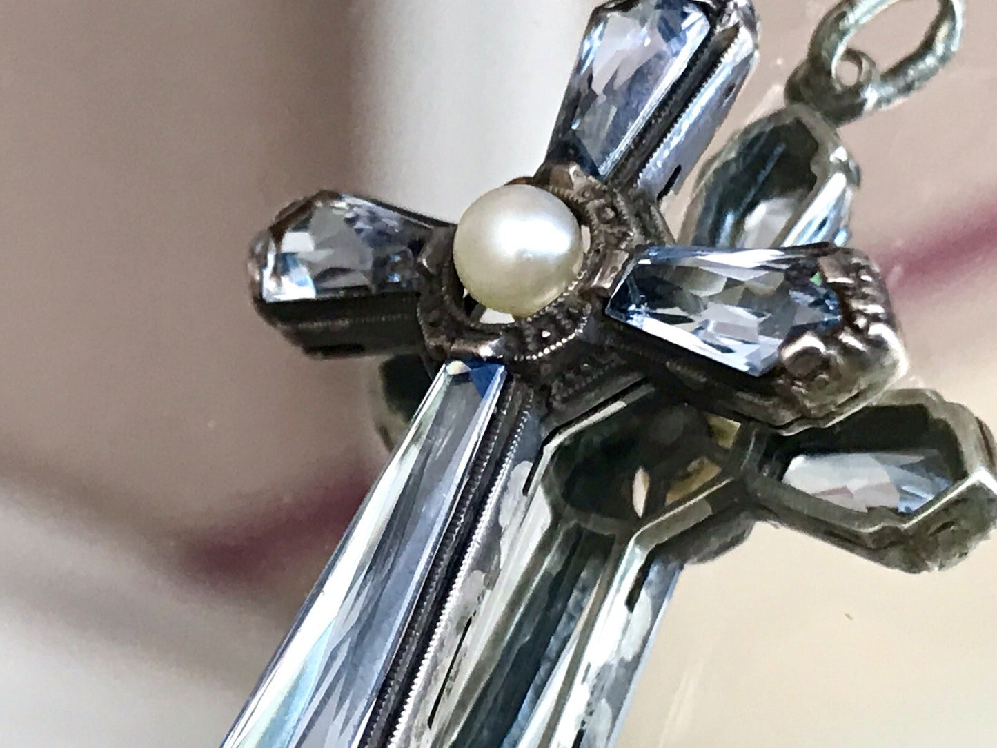 Antik Edel Art Déco Silber Kreuz Anhänger Kettenanhänger blaue Steine Aquamarin?