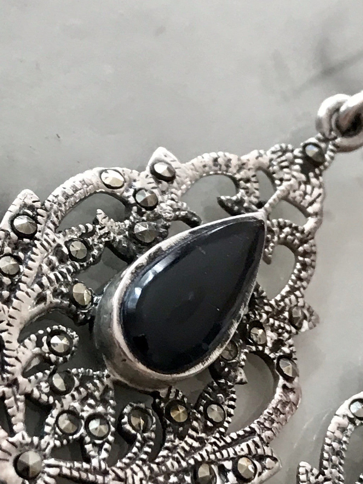 Antik Art Déco Wundervoll Ohrhänger Ohrringe DAMEN Silber 925 Onyx Markasite