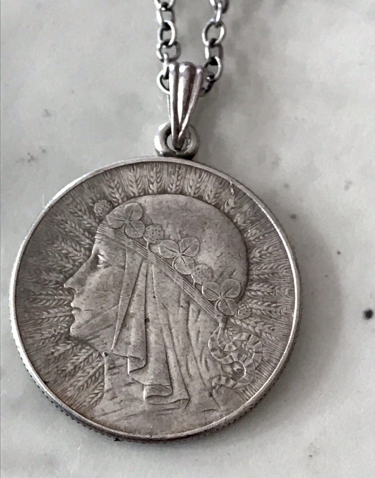 Antik Halskette Münze Jadwiga Polen 1933 Anhänger Kettenanhänger Silber 835