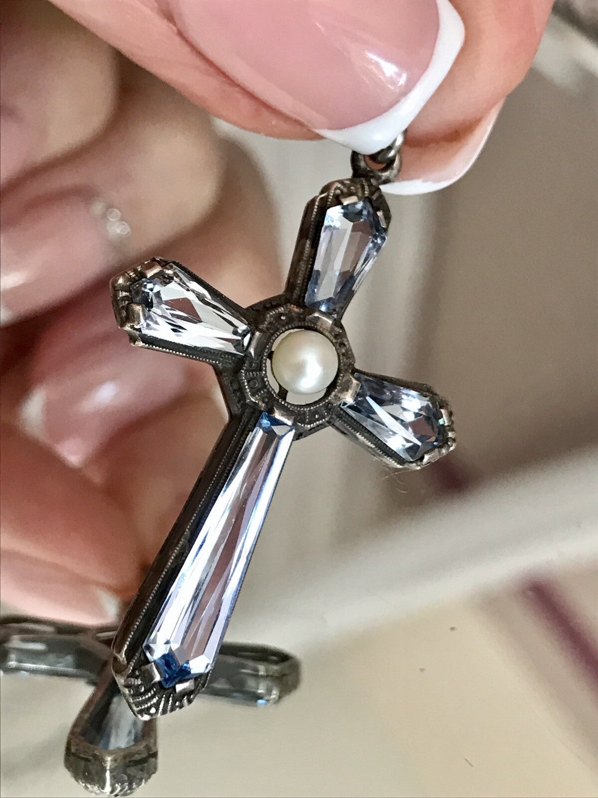 Antik Edel Art Déco Silber Kreuz Anhänger Kettenanhänger blaue Steine Aquamarin?