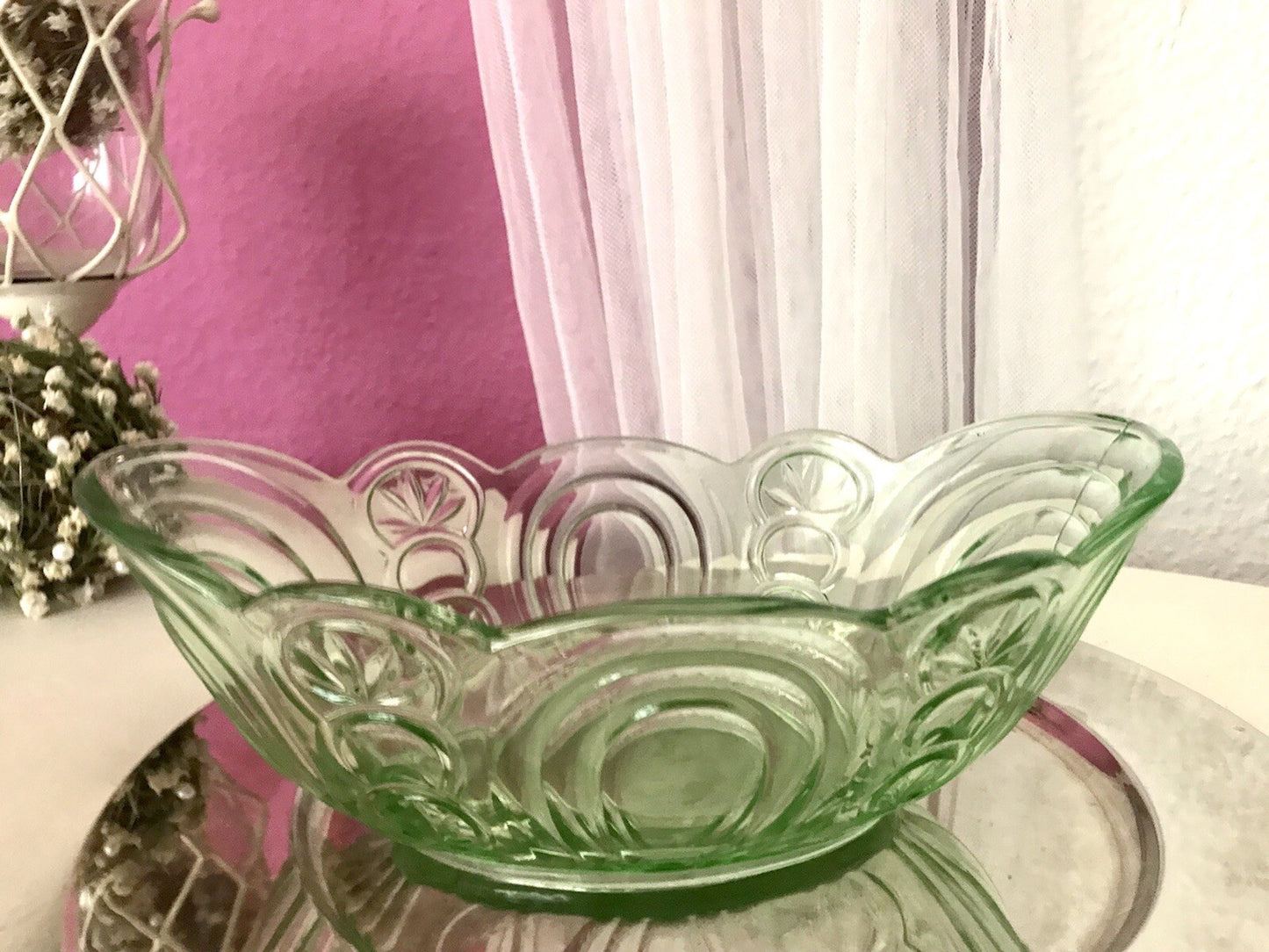 Antik Art Déco Jardiniere Schale Pressglas Glasschale grün Obstschale