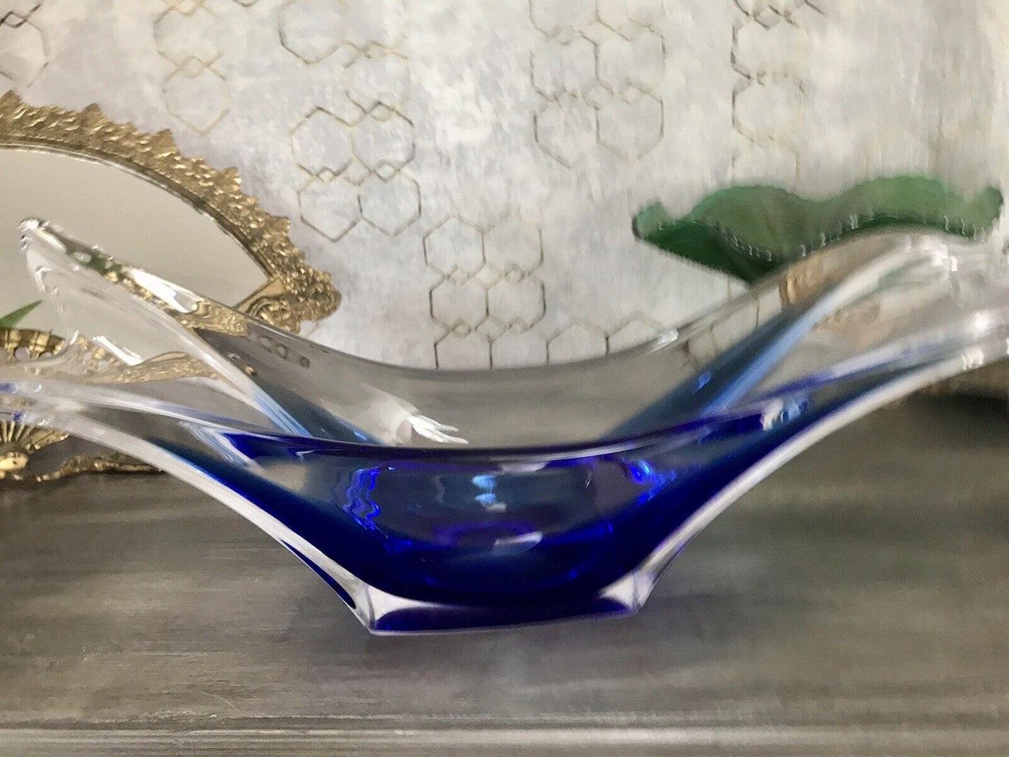 Murano 60er 70er Jahre Schale Glas zipfelig blauer Zwischenfang im Klarglas
